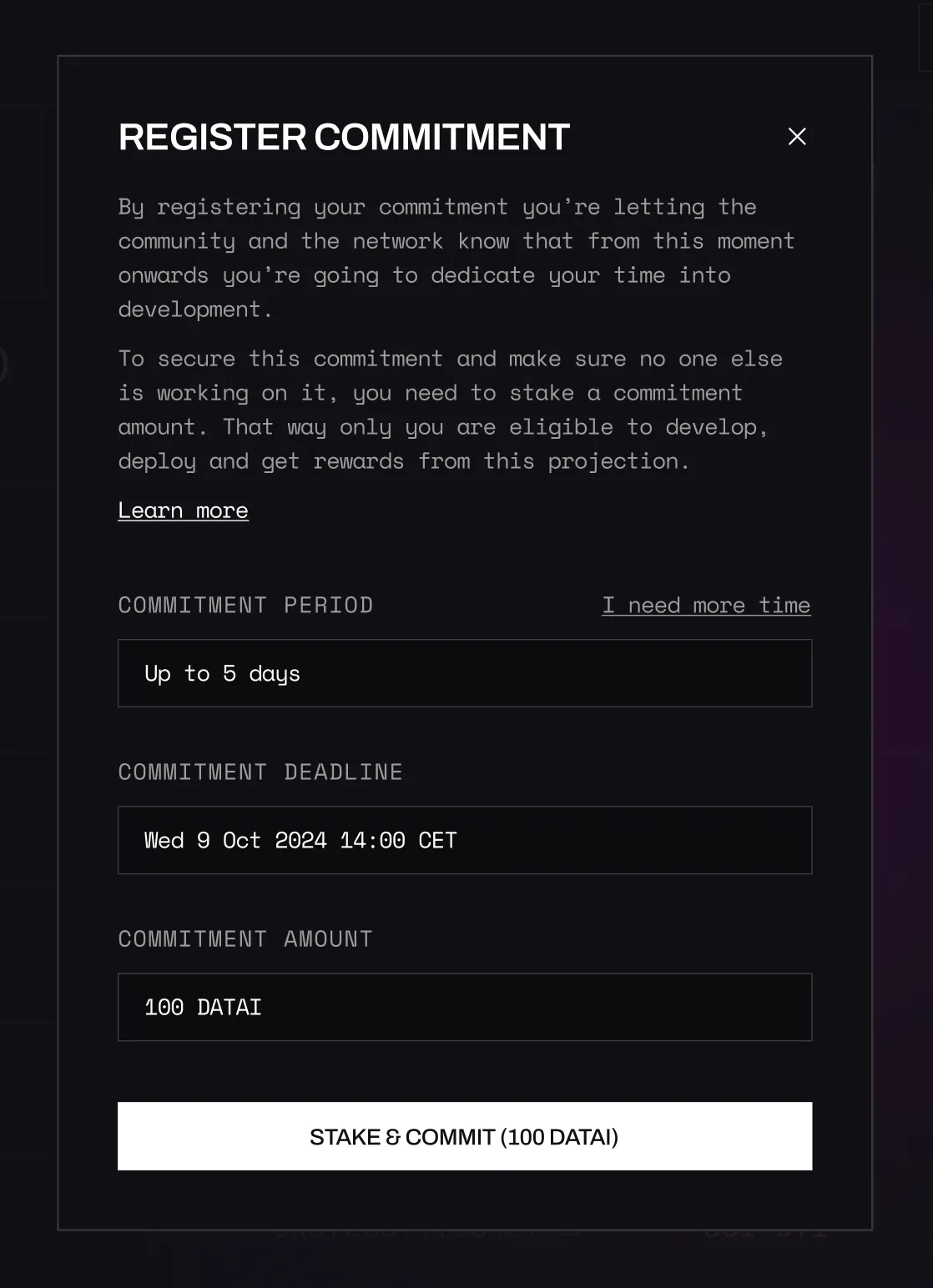 Datai Network Console - Commitment Modal